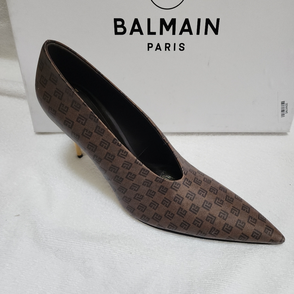 Balmain Brown Monogram Pointed-Toe Kitten Heel with Gold Accent
